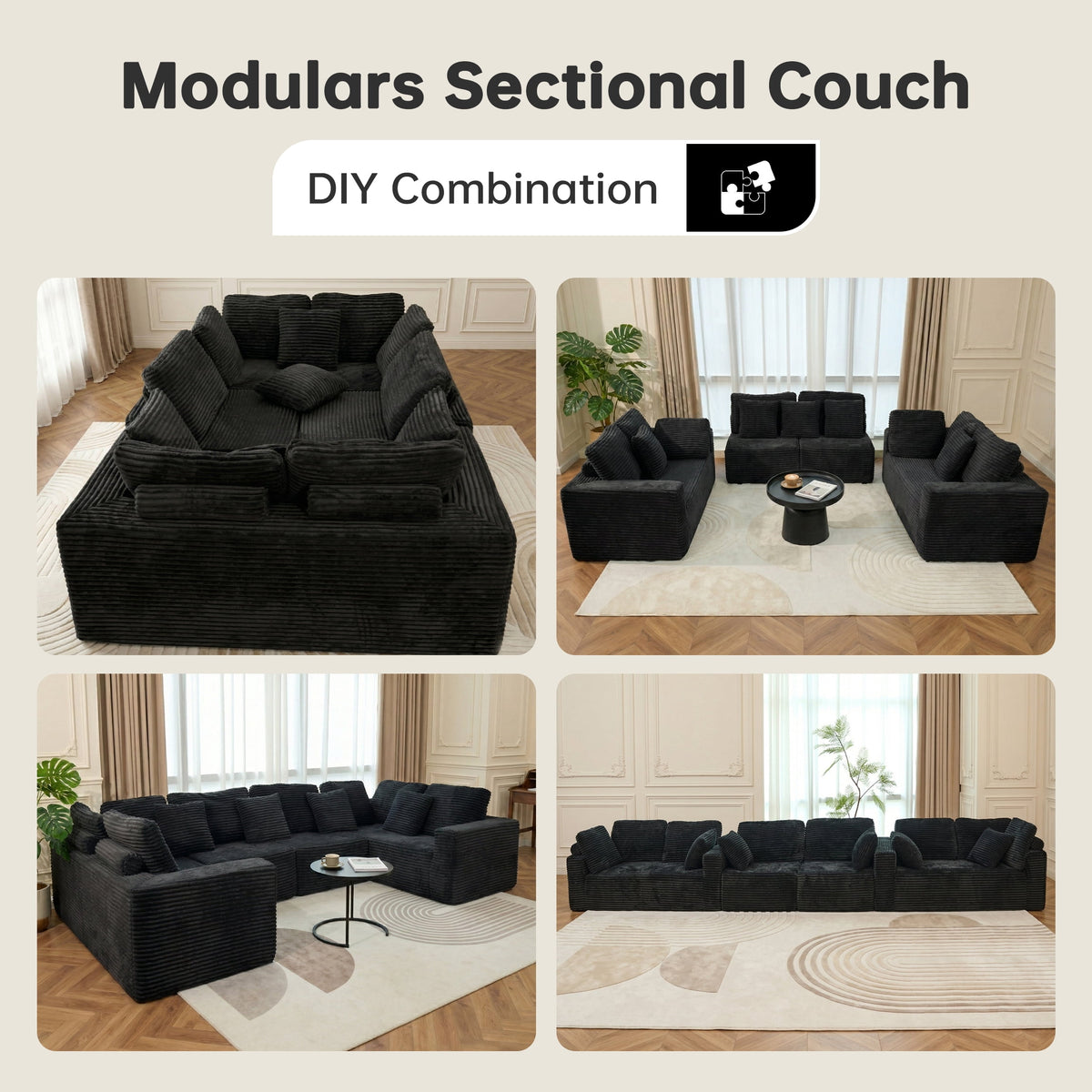  138.5" Sectional U Shaped Couch,Black Sectional Cloud Boneless Sofa For Living Room,Plush Corduroy Couches With Deep Seat Chaise Lounge,No Assembly Required