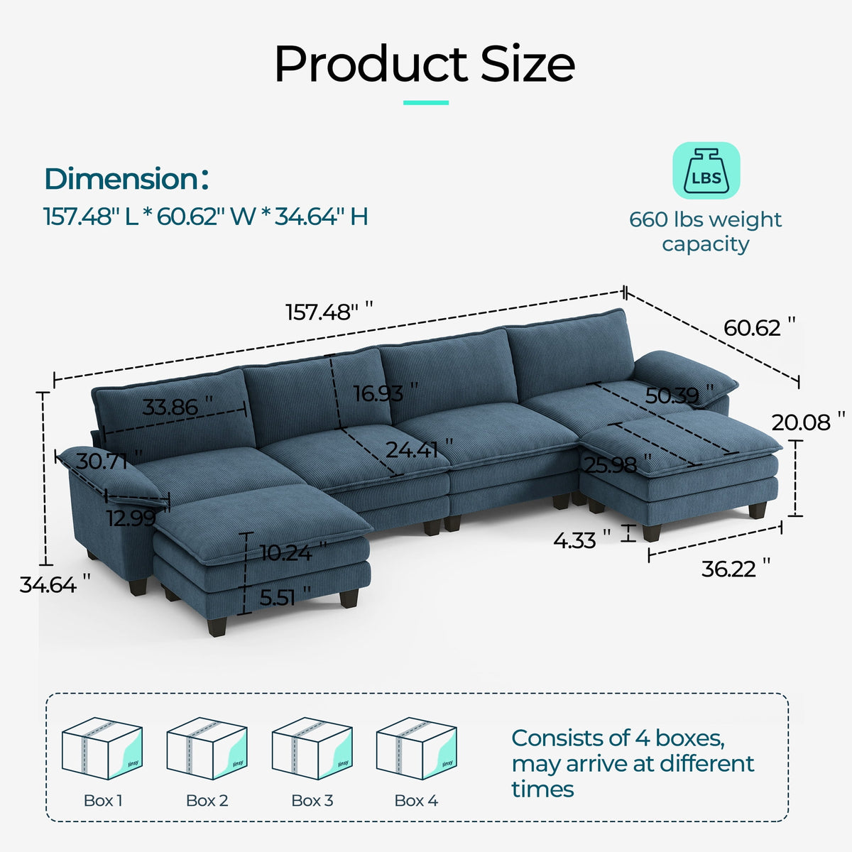 LINSY Home Modular Sectional Sofa for Living Room, U-Shaped Cloud Sofa Couch with Corduroy Fabric, 4 Seater Sofa Couch with 2 Ottomans, Blue