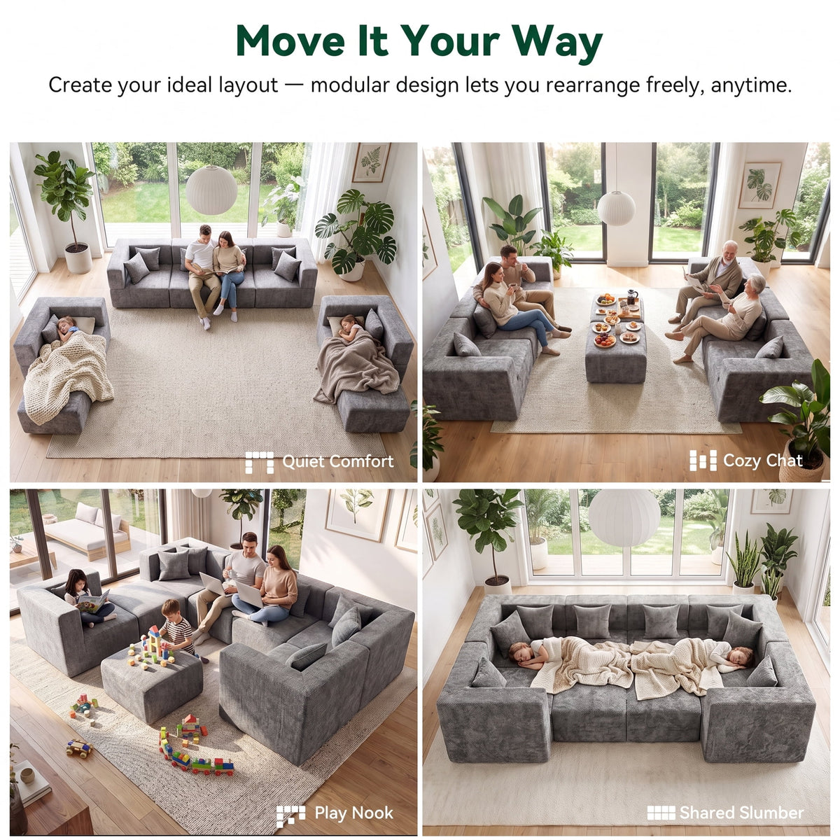  130" 8-Piece Modular Sectional Sofa, Boneless Cloud Couch with Extra Deep Seats, Washable Chenille Sofa Set for Living Room, Chenille Dark Gray