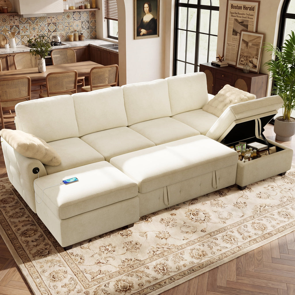  104" Large Modular Sectional Sleeper Sofa with Pull Out Bed, USB Charging & Storage Ottoman, U Shaped Couch for Living Room, Chenille Beige