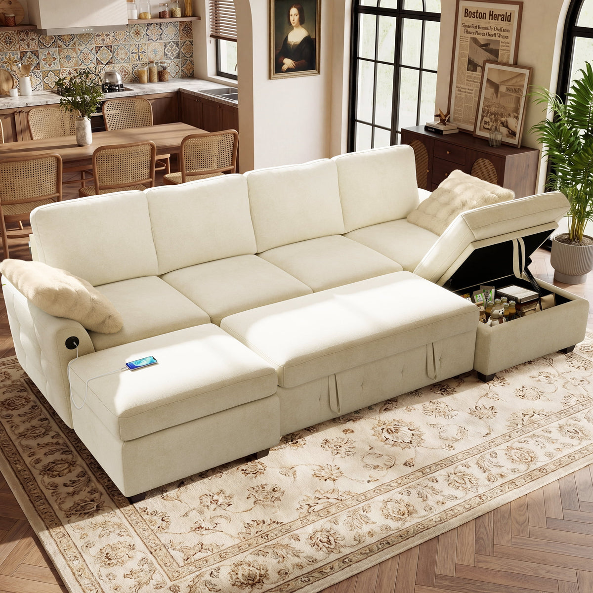  104" Large Modular Sectional Sleeper Sofa with Pull Out Bed, USB Charging & Storage Ottoman, U Shaped Couch for Living Room, Chenille Beige