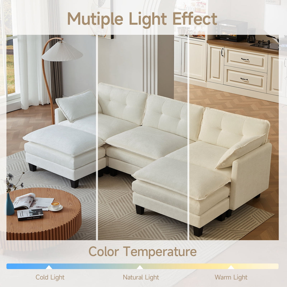 Amsleekey 111.5" U-Shaped Modular Sectional Sofa, Modern Chenille Cloud Couch with 2 Ottomans, Comfy Deep Seat Living Room Furniture, Beige