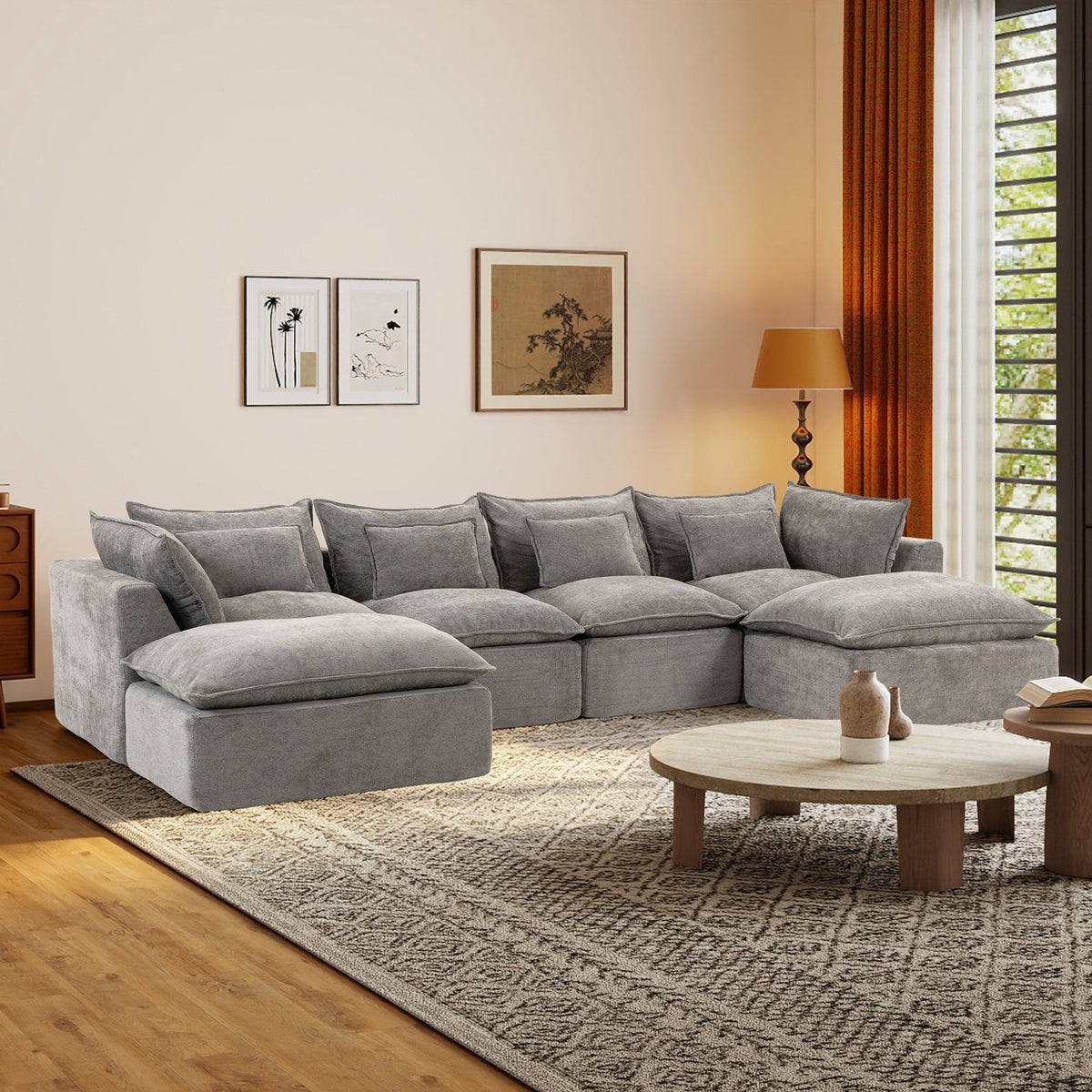 Timbernest 130" Sectional Couch, Boneless Cloud Sofa, No Assembly Required Modular U-shaped Couch for Living Room, 4 Seater, Gray