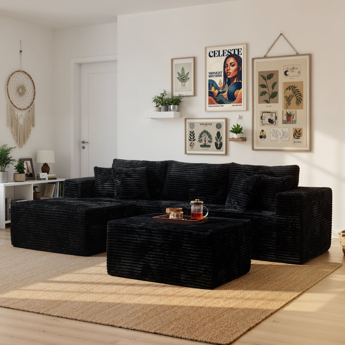  108" Boneless Couch L Shape Cloud Modular Sectional Couch with Chaise & Ottoman, Comfy Corduroy Sofa for Living Room, Apartment, Black