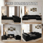  130" Black Sectional Modular Couch, U-Shaped Sofa with Chaise Lounge, Striped Corduroy Upholstered 4-Seater Sofa with Pillow Back and Square Arms