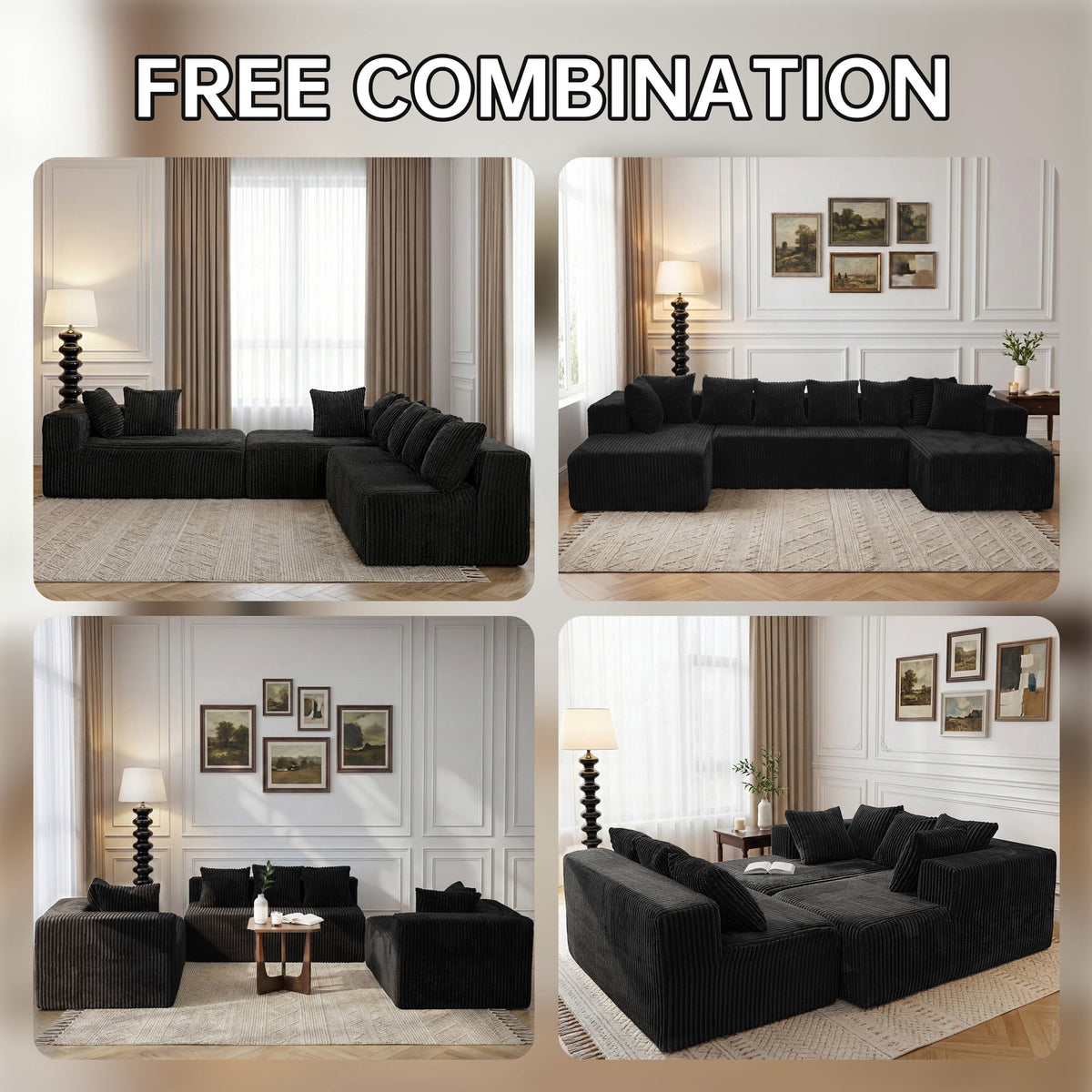  130" Black Sectional Modular Couch, U-Shaped Sofa with Chaise Lounge, Striped Corduroy Upholstered 4-Seater Sofa with Pillow Back and Square Arms