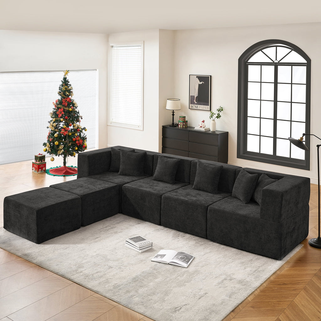  130" 6-Piece Modular Sectional Sofa with 2 Movable Ottomans, U-Shaped Cloud Couch for Living Room, Modern Chenille Deep Seat Sofa Set, Flexible Oversized Sleeper Couches, Black