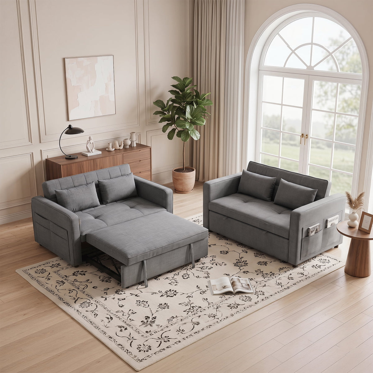  2-Pack 3 in 1 Convertible Sleeper Sofa Bed, 2-Seater Futon Couch with Storage Pockets, Adjustable Backrest for Guest Room, Airbnb, Gray