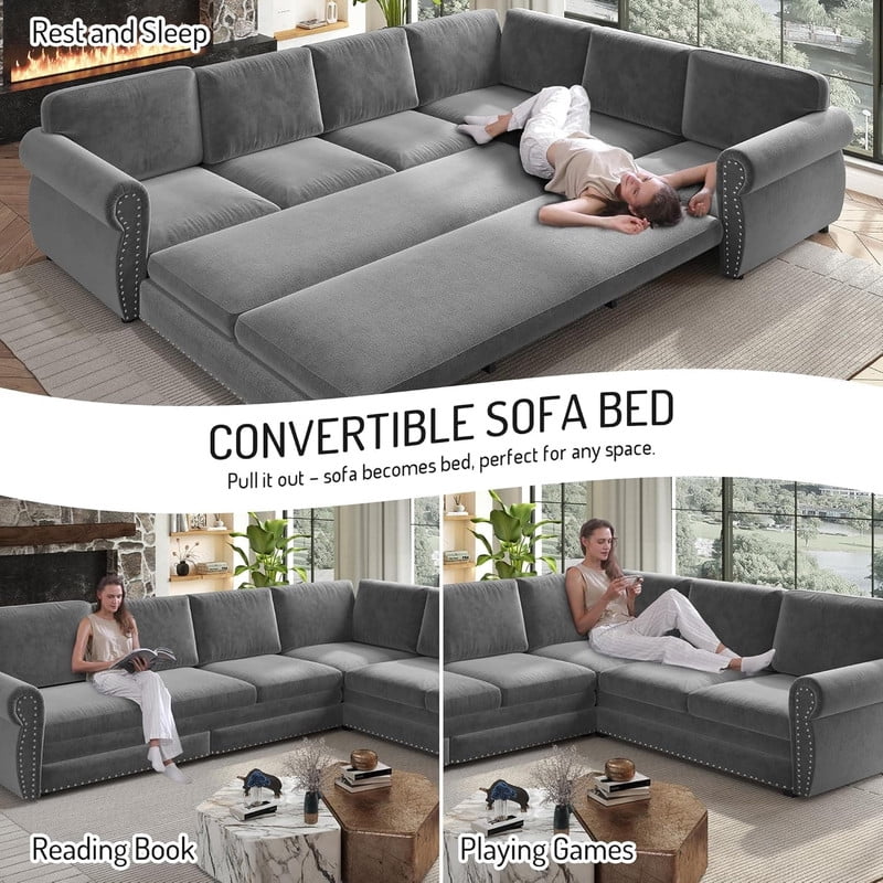 118" L-Shaped Convertible Sleeper Couch Bed, Chenille Upholstered Sectional Sofa with Pull-Out Sofa Bed, Modern Chesterfield Sofa for Living Room