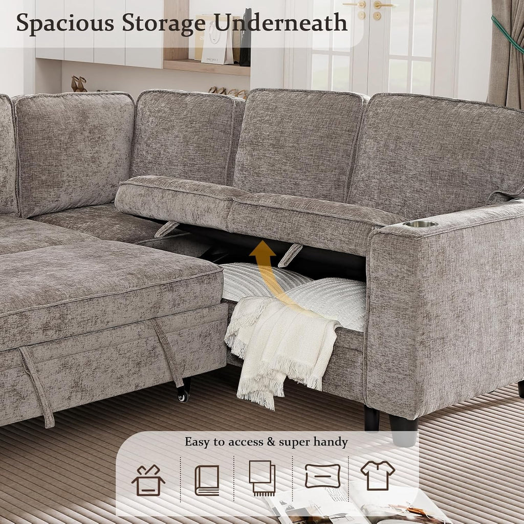  81" Sectional Sleeper Sofa with Pull Out Bed, Modular L-Shaped Chenille Couch with Storage Chaise, USB Charging Ports & Cup Holders for Living Room, Apartment, Light Brown