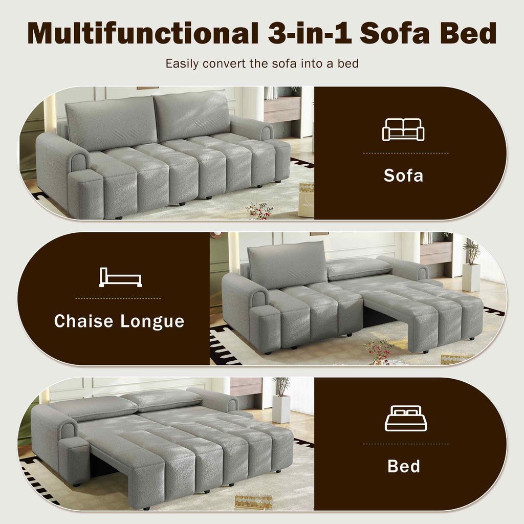 FFH 90.2" Pull Out Sofa Bed with Storage, 3-in-1 Convertible Sleeper Sofa King Size, Modern 4-Seater Teddy Couch for Living Room, Gray
