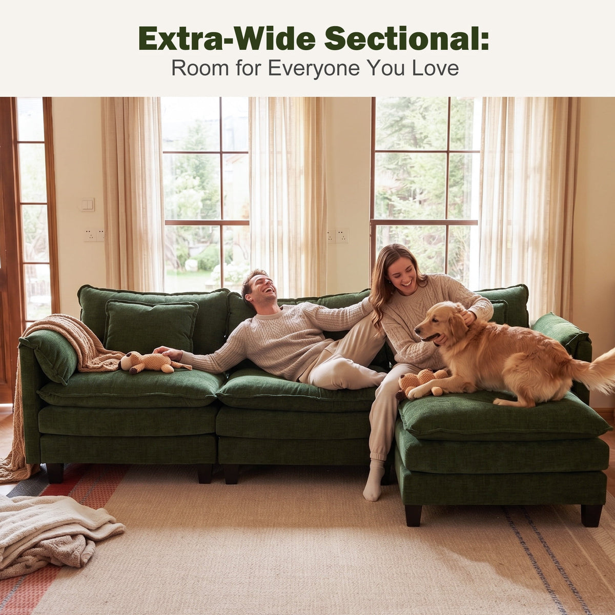 JULY'S SONG 113" L Shaped Couch Set, Deep Seat Modular Sectional Sofa with Movable Ottoman, Plush Couches and Sofas Detachable Cushions, Chenille Sectionals for Living Room, Green