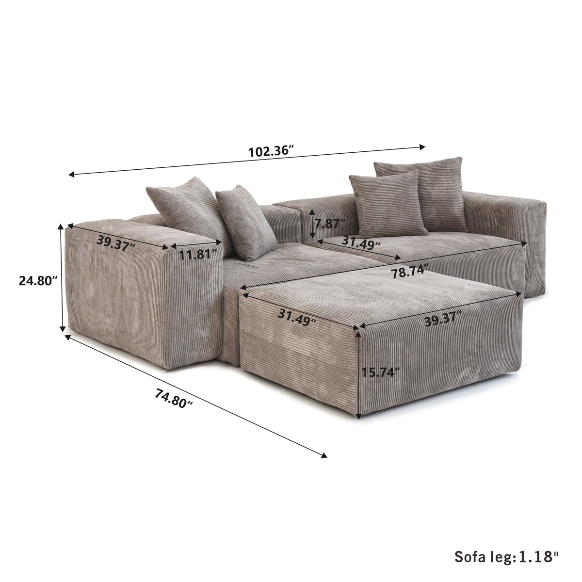bokifol 2 Seater Modular Sectional Sofa,102" L Shaped Comfy Cloud Couch Sectional Sofa,Corduroy Sofa Sleeper Deep Seat Sofa with Throw Pillows for Living Room,Brown