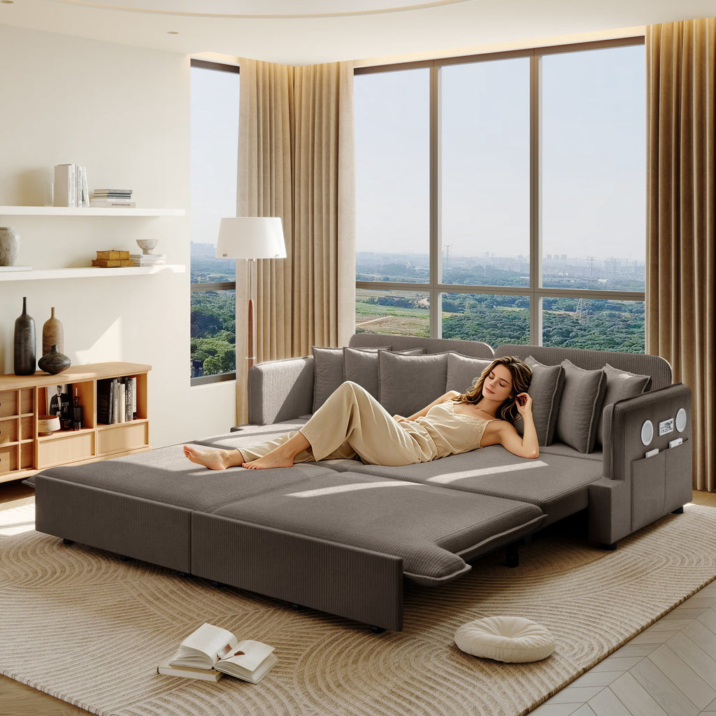  Pull Out Sofa Bed King Size, 82" Loveseat Sofa with Bluetooth Speakers, USB Ports, Side Pockets, Corduroy Sofa Couch Convertible Sofa Bed for Living Room Brown