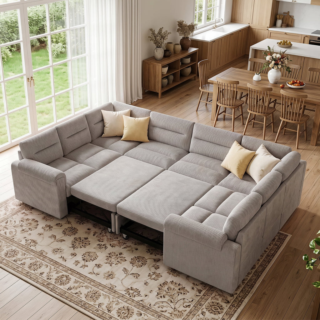  114 inch Sectional Sleeper Sofa with Pull Out Bed Convertible Corduroy Modular Sofa Upholstered Sofa Bed for Living Room Gray