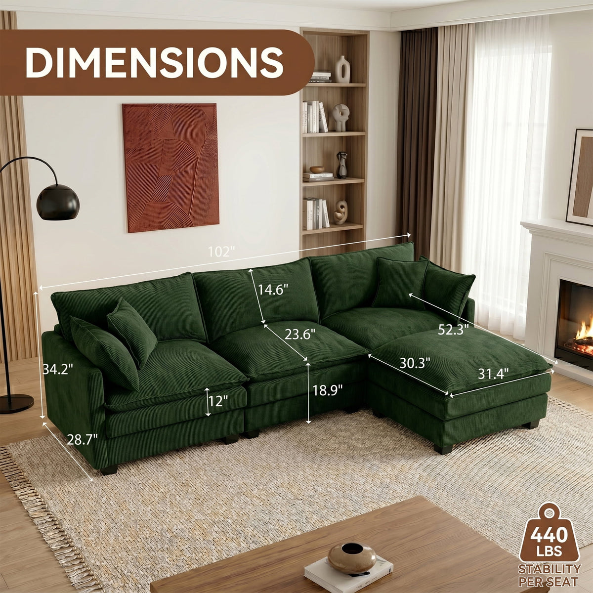 CKEASEAN 102" Chenille Modular Sectional Sofa with Ottoman, 3-Seater L-Shape Cloud Couch with Upholstered & Pillow, Comfy Cloud Sofa for Living Room, Bedroom, Apartment, Office, Easy Assembly