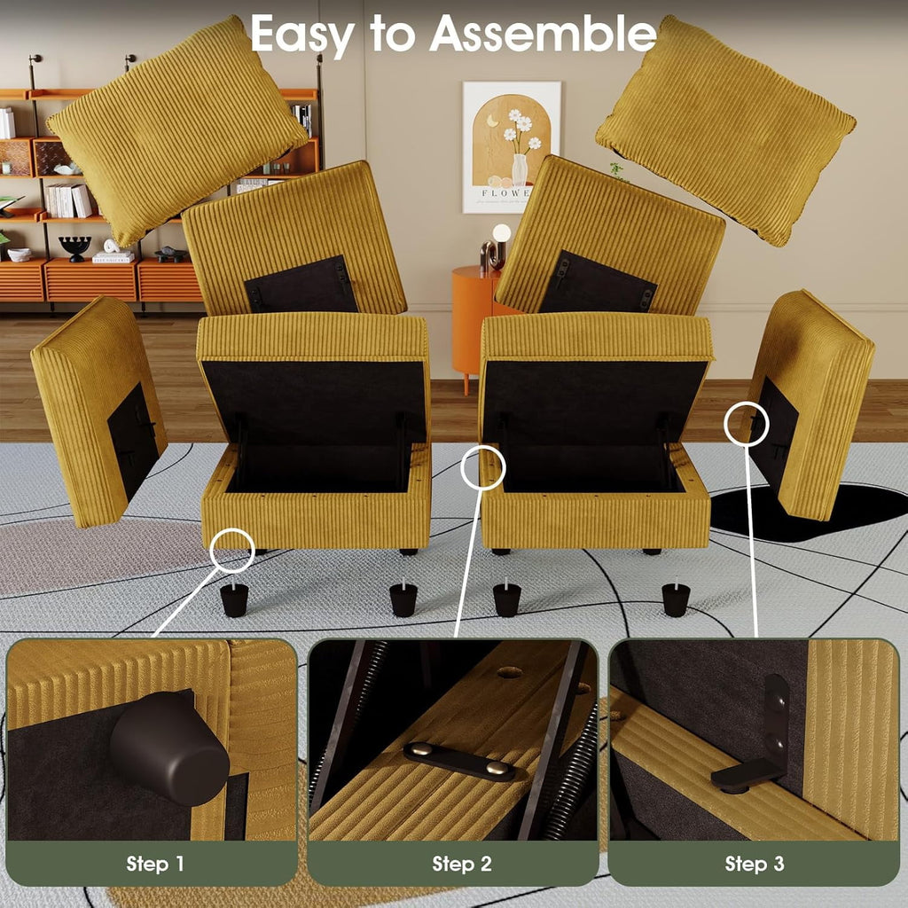  Modular Sectional Sofa, Modular Sectional Couch with Storage, 6 Seat Corduroy Oversized Sofa with 6 Back Cushion 6 Throw Pillow Yellow