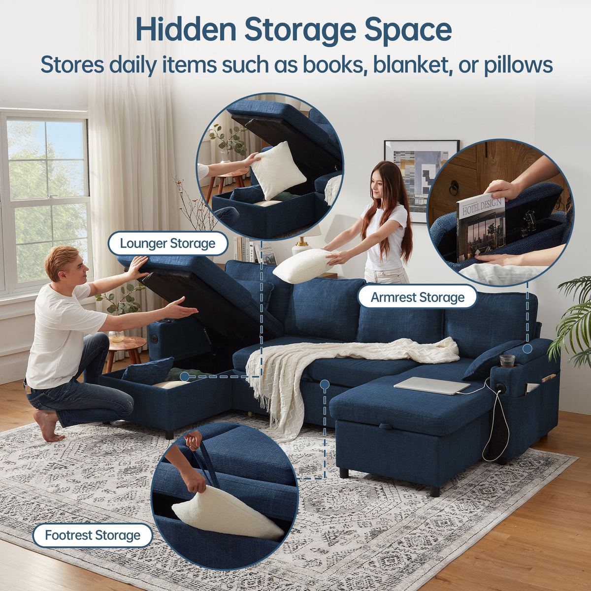 Sectional Couches Sofas Sleeper Bed U shape with Storage for Living Room Family Rooms Blue