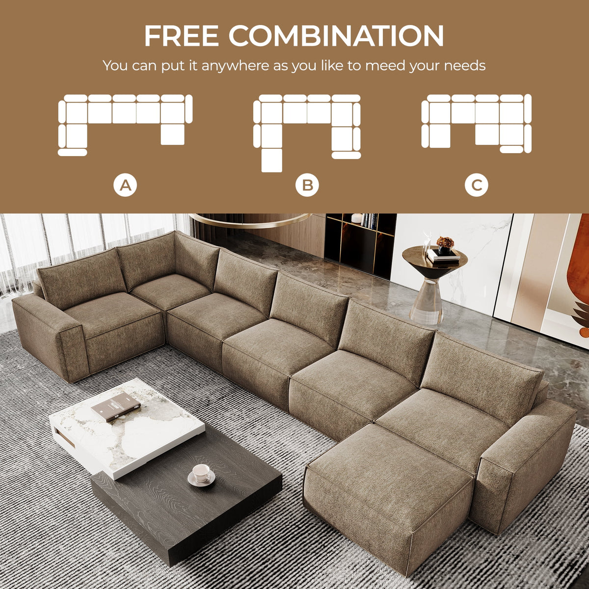 175" Oversized Boneless Couch for Living Room, Modern Modular Sectional, Convertible, U Shaped, Deep Seat, Big Comfy Sofa Set with Ottoman,Brown
