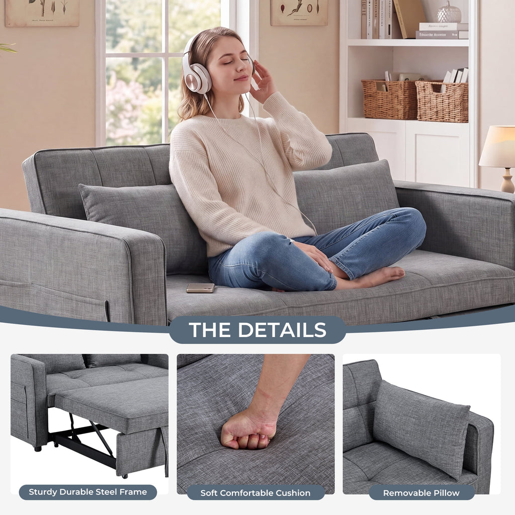  2-Pack 3 in 1 Convertible Sleeper Sofa Bed, 2-Seater Futon Couch with Storage Pockets, Adjustable Backrest for Guest Room, Airbnb, Gray