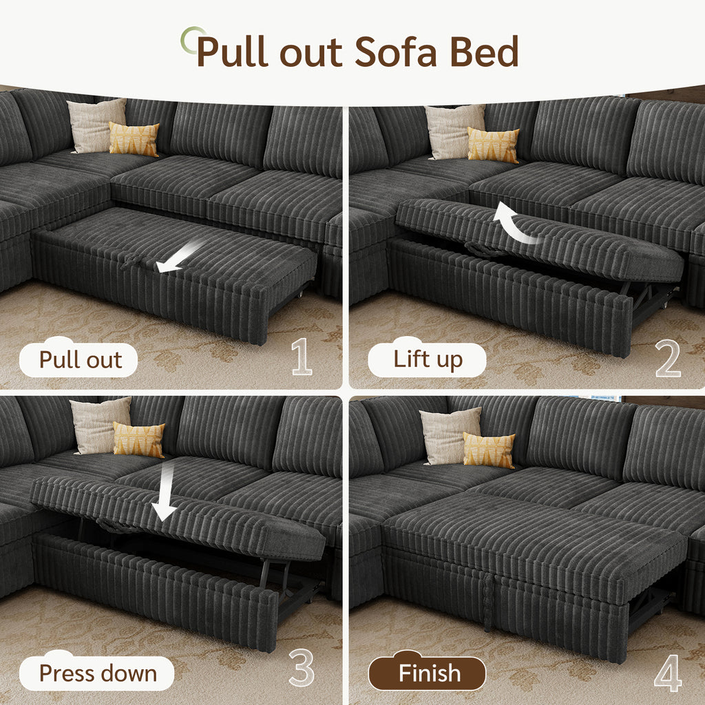 Marrber 106? Oversized Modern Plush Corduroy U-Shaped Modular 7-Seater Pull-Out Sectional Sleeper Sofa Bed with Hidden Storage for Living Room and Apartment, Easy Assembly, Dark Gray