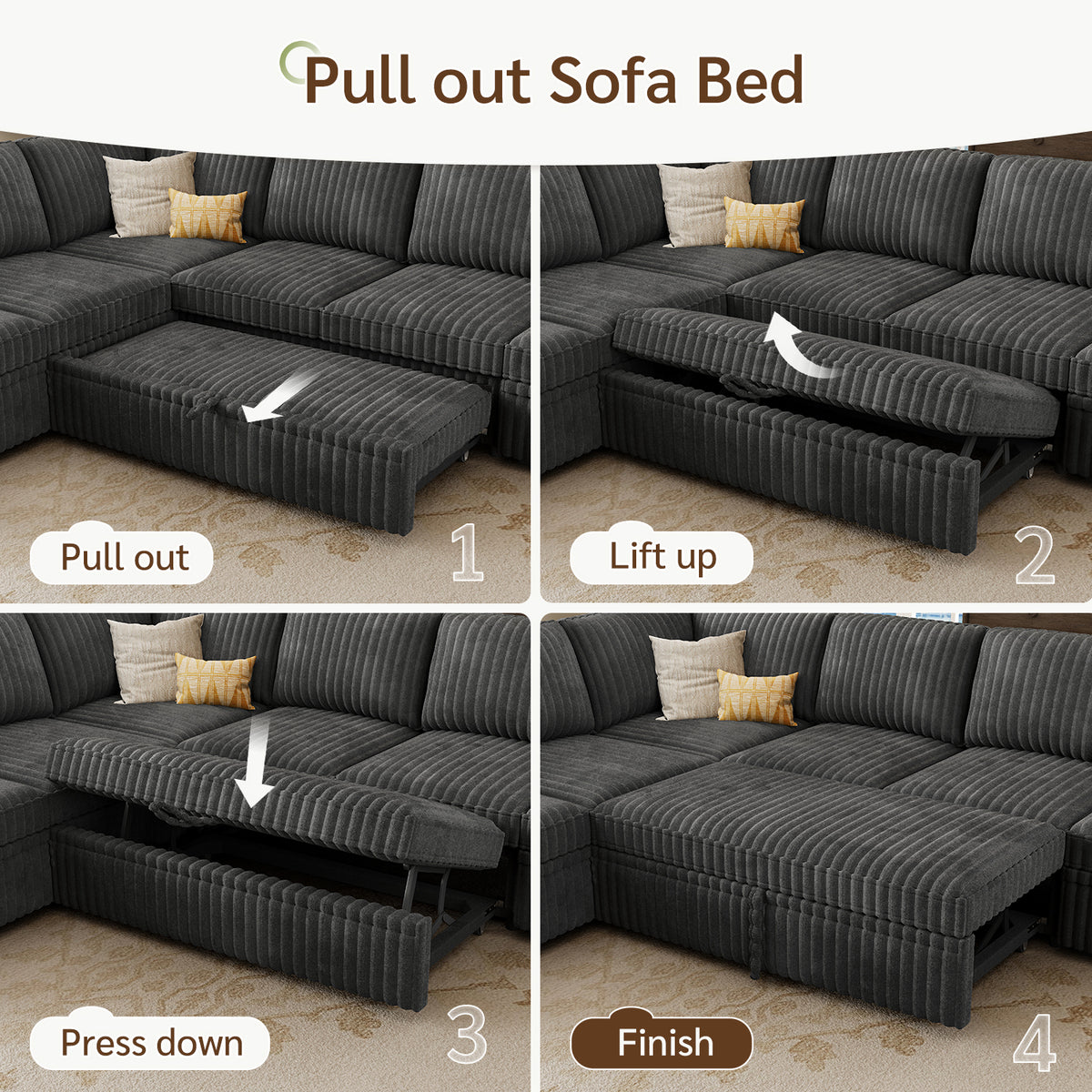 Marrber 106? Oversized Modern Plush Corduroy U-Shaped Modular 7-Seater Pull-Out Sectional Sleeper Sofa Bed with Hidden Storage for Living Room and Apartment, Easy Assembly, Dark Gray