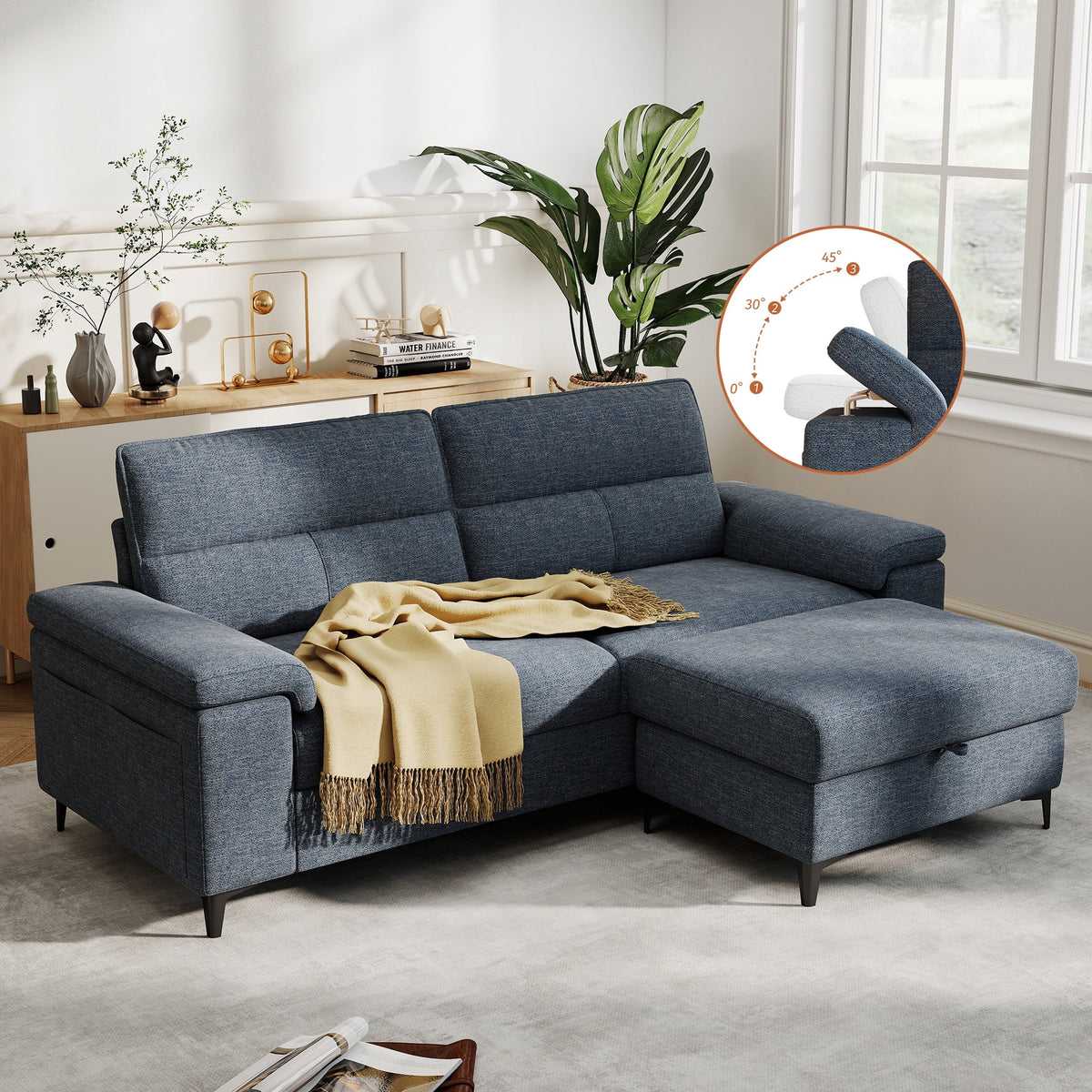 88" Loveseat Sofa with Storage Ottoman Adjustable Armrest 3-Seat L-Shaped Sectional Couch for Living Room Blue