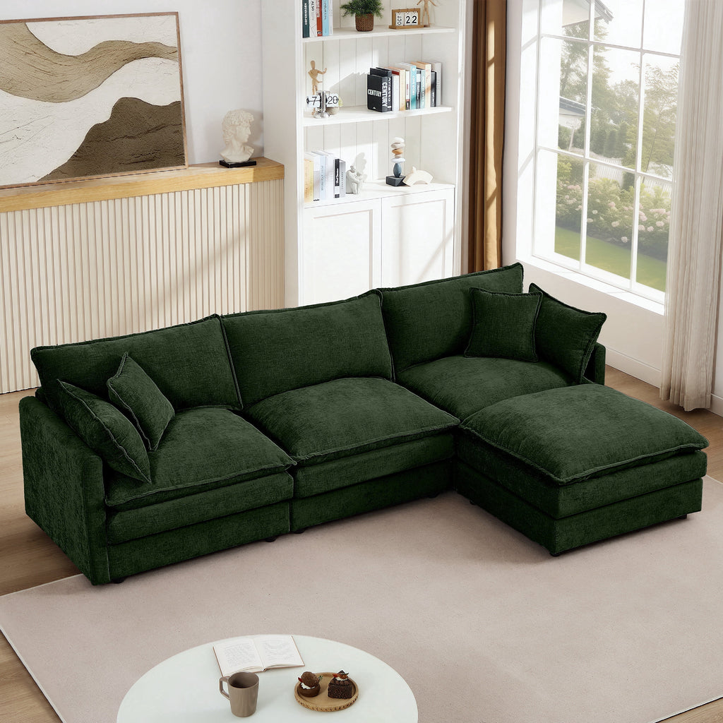 CKEASEAN 102" Chenille Modular Sectional Sofa with Ottoman, 3-Seater L-Shape Cloud Couch with Upholstered & Pillow, Comfy Cloud Sofa for Living Room, Bedroom, Apartment, Office, Easy Assembly