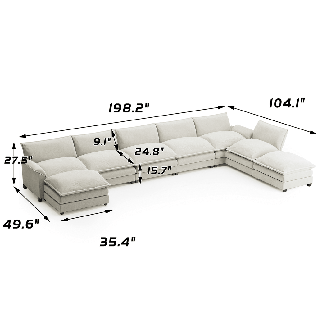  8-Seats Modular Sectional Sofa, U-Shaped Cloud Couch with Ottomans, Oversized Deep Seat Convertible Sofa Set for Living Room, Chenille, White