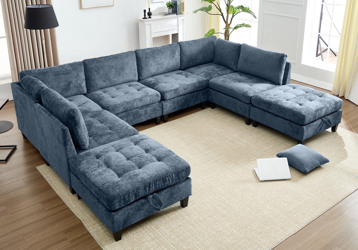 Advwin Oversized Modular Sectional Sofa, 8 Seat Plush Chenille Couch with Storage Ottomans & Thick Cushions, Modern Comfy Convertible L Shaped Sleeper Sofa Bed for Living Room, Blue