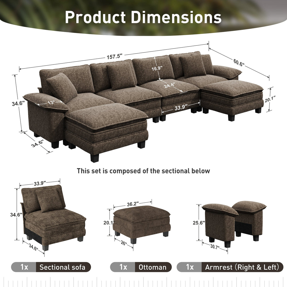 Sophia&William 157.5"L Modular Sectional Sofa Sets, Modern Chenille Couch 6-Seat Oversized Cloud Sofa with 4 Pillows & 2 Ottomans for Living Room,Grayish Brown
