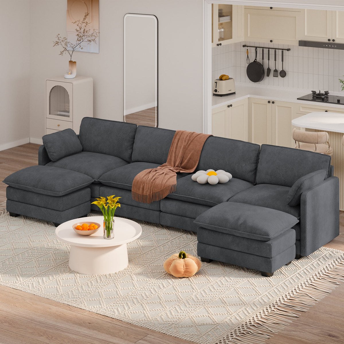  145.7" U Shaped Modular Sectional Sofa with Movable Ottomans, Corduroy Cloud Sofa Couch with 25.2" Deep Seat, Removable Washable Covers, 4-5 Seater Comfy Modular Sofa for Living Room Apartment