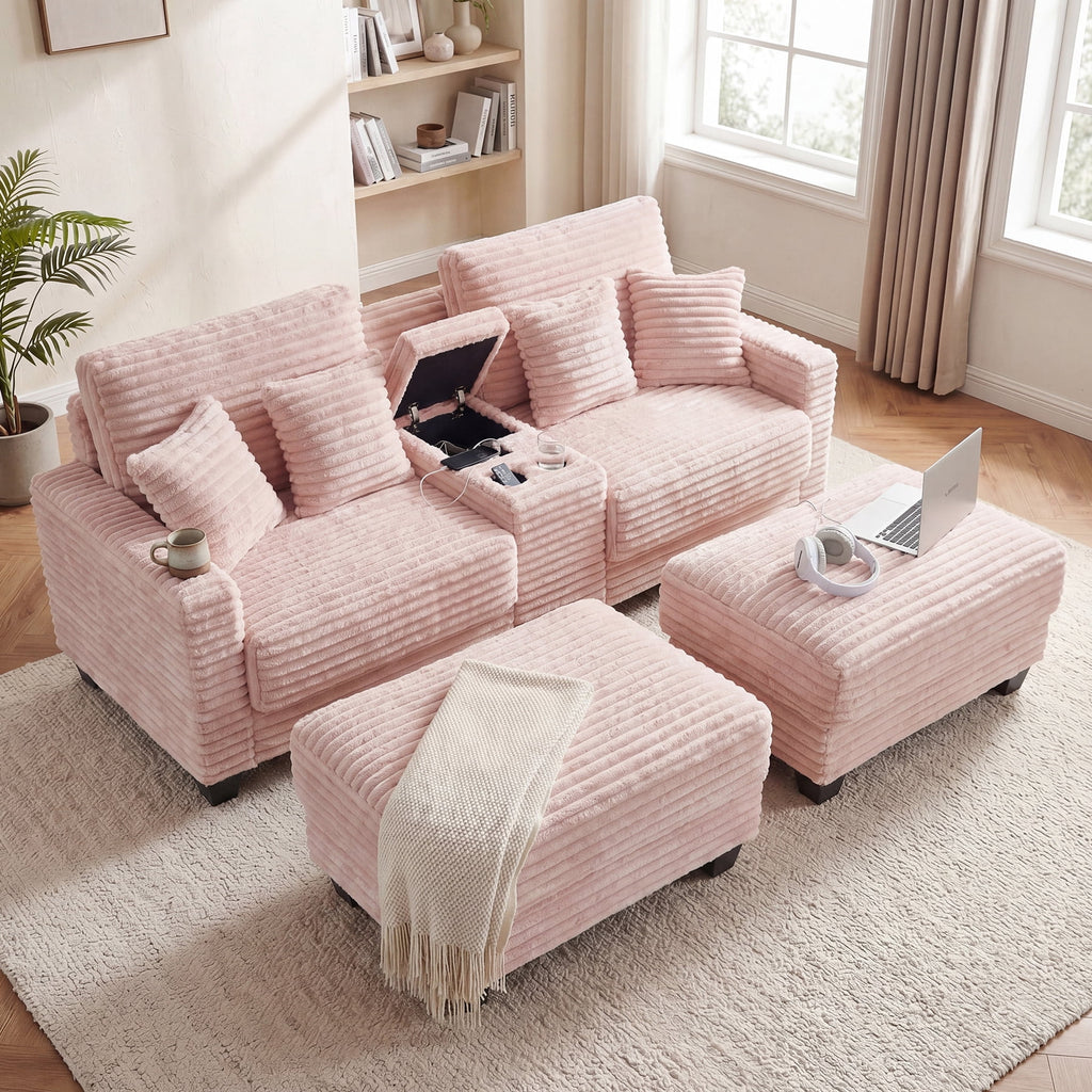 Wiilayok Convertible Modular Cloud Sofa, U Shaped Sectional Sofa Couch with Ottoman,Central Console,Cup Holder, Adjustable Backrest for Living Room, Pink