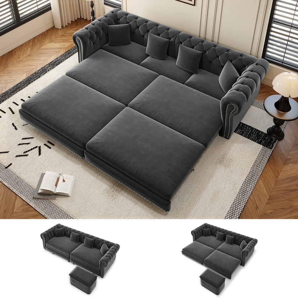 89'' Pull Out Sofa Bed King, Chesterfield Velvet Sleeper Sofa, Convertible L-Shaped Futon Couch, Tufted Back, 4 Pillows, Ottoman, Deep Seat Loveseat Couches for Living Room, Apartment, Gray