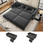 89'' Pull Out Sofa Bed King, Chesterfield Velvet Sleeper Sofa, Convertible L-Shaped Futon Couch, Tufted Back, 4 Pillows, Ottoman, Deep Seat Loveseat Couches for Living Room, Apartment, Gray