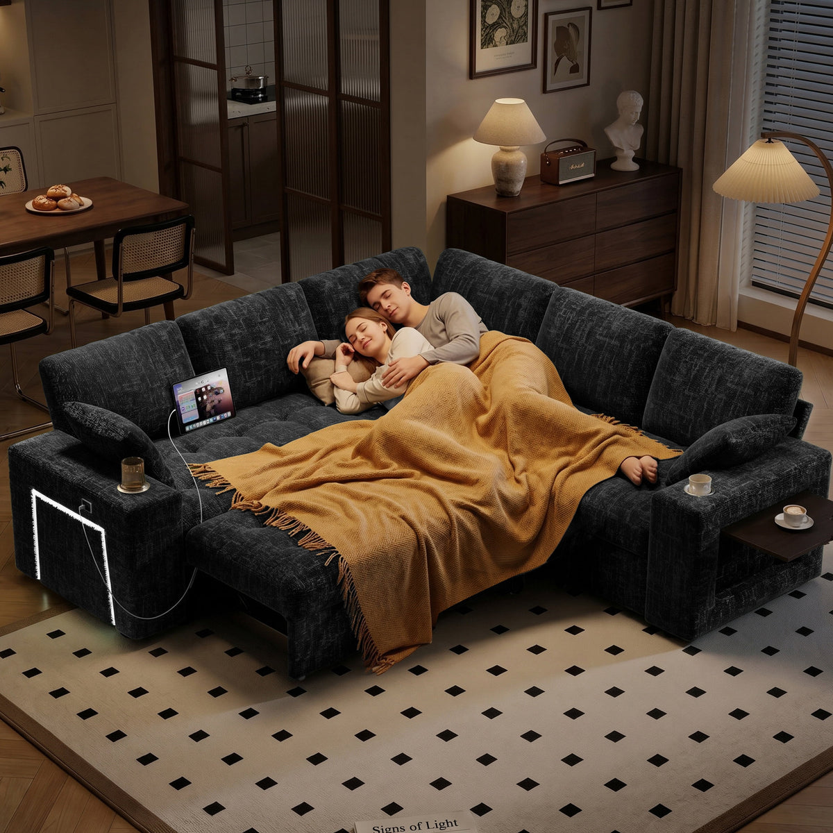 85" Modular Sectional Sleeper Sofa with Pull Out Bed, 5 Seat Chenille L Shaped Couch with USB Ports|Cup Holders|Side Table|Storage Loveseat, Tool Free Assembly,Black