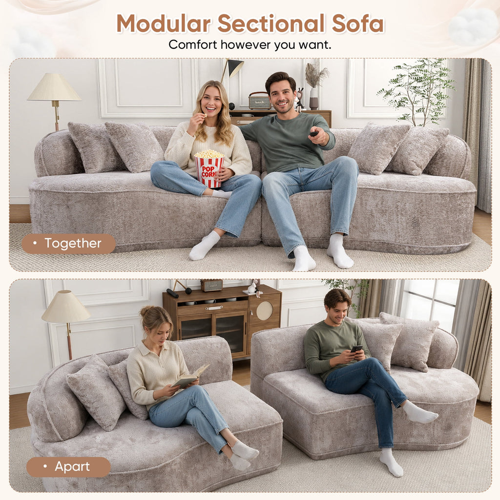 Muumblus 114" Oversized Curved Sofa, Modern Sectional Boneless Cloud Couch, No Assembly Required Floor Sofa for Living Room, Camel Boucle