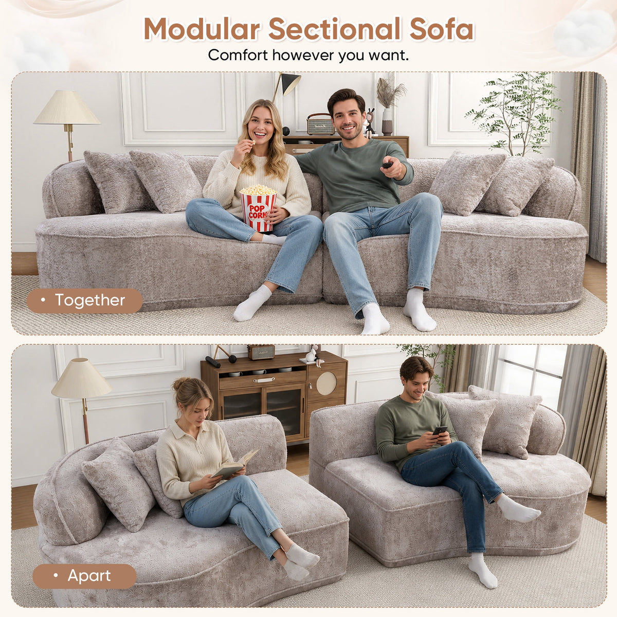 Muumblus 114" Oversized Curved Sofa, Modern Sectional Boneless Cloud Couch, No Assembly Required Floor Sofa for Living Room, Camel Boucle