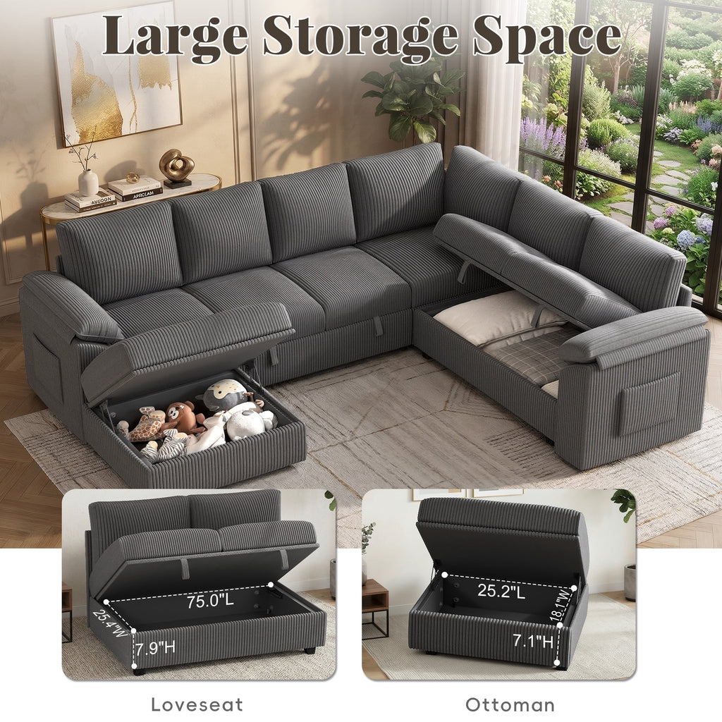 Time Ray 7 Seaters Storage Sectional Sleeper Sofa with Pull Out Bed,Modular Sectional Sofa with Storage Ottoman,Side Pocket,2 Loveseat,Plush Corduroy Sectional Couches for Living Room,Grey