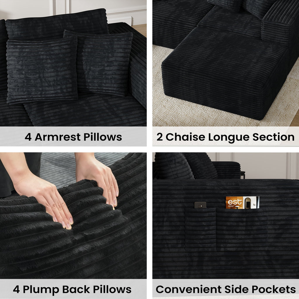 137" U-Shaped Sectional Sofa with Chaise, Modular Cloud Sectional Couch with Deep Seat for Living Room, Modern Boneless Couch with Back Cushion, Pillow, Ottoman, No Assembly Required, Corduroy Fabric