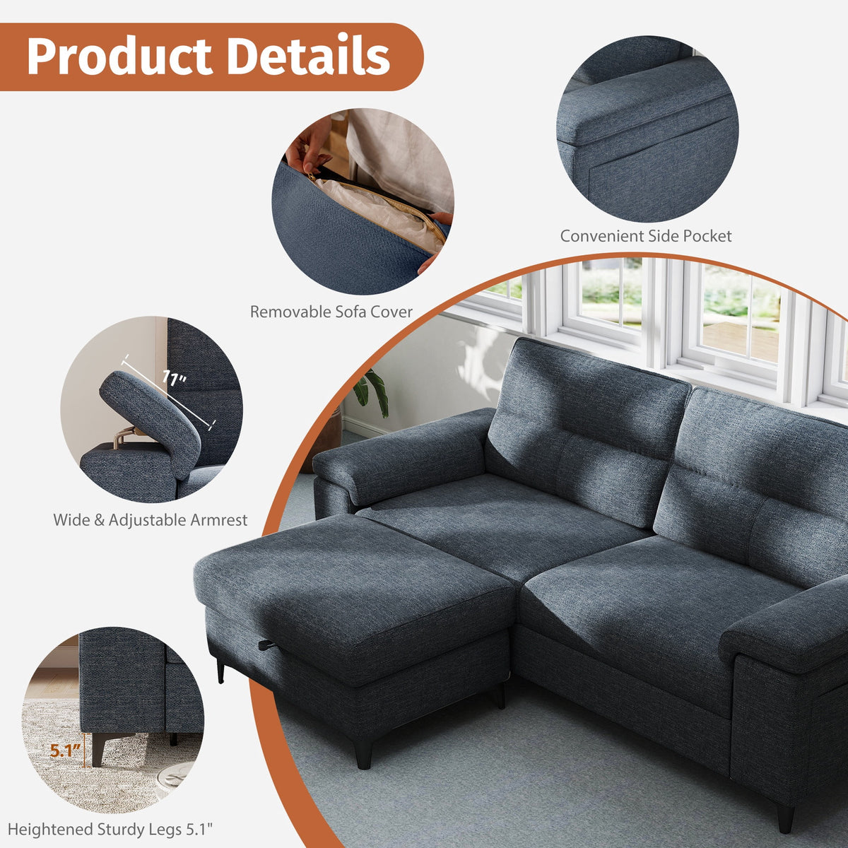 88" Loveseat Sofa with Storage Ottoman Adjustable Armrest 3-Seat L-Shaped Sectional Couch for Living Room Blue
