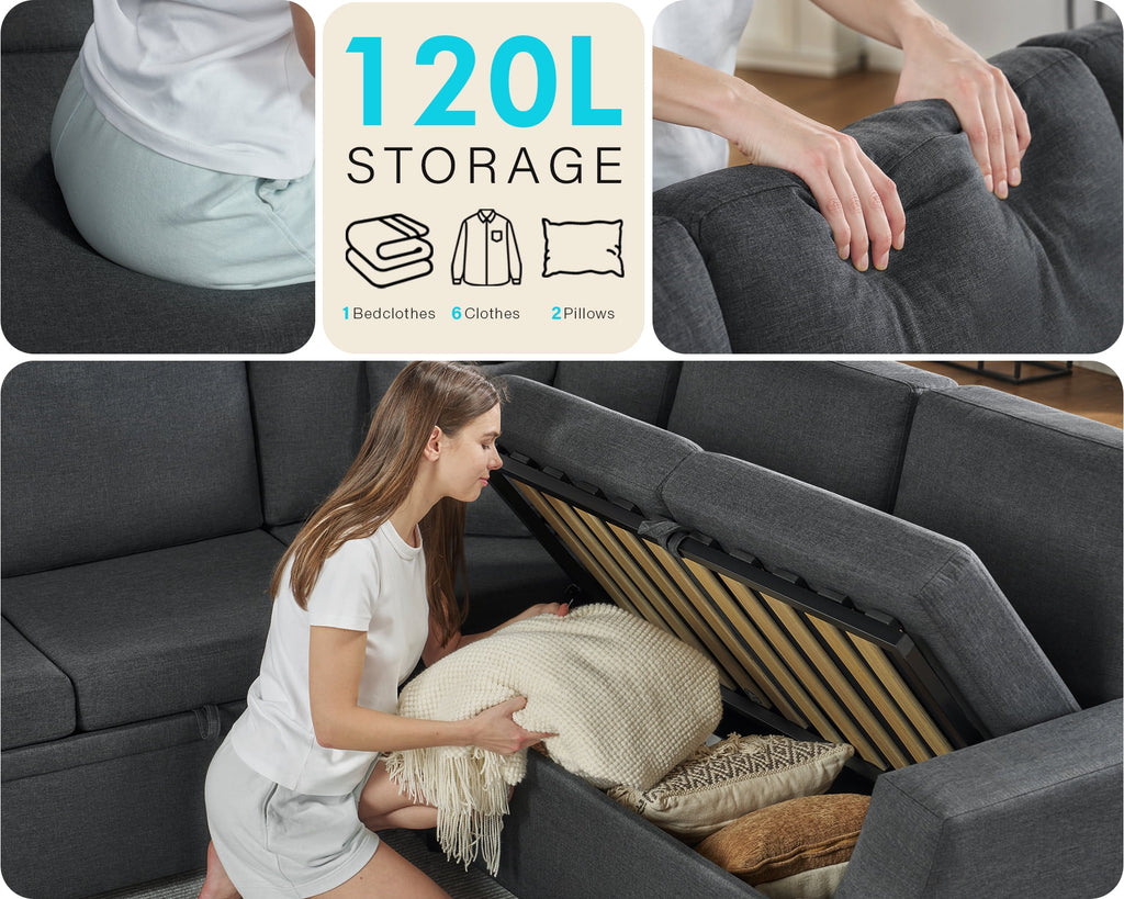 VANACC 85" L-Shaped Sleeper Sofa Bed with Storage, Grey Linen Couch
