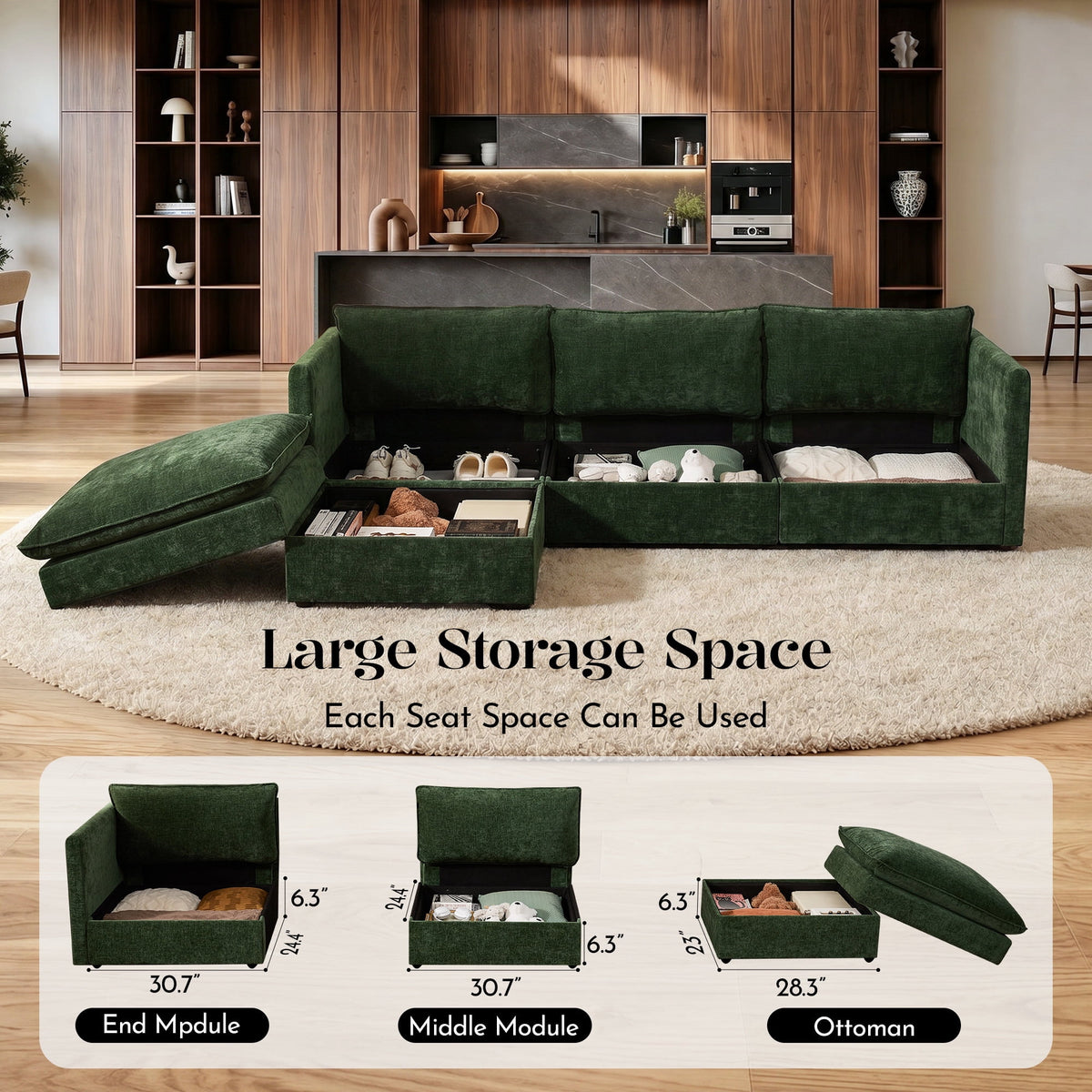 Hombryzy 103" Deep Seat Sectional Sofa with Storage, L Shaped Cloud Couch with Movable Ottomans for Living Room,Green