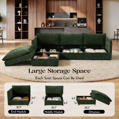 Hombryzy 103" Deep Seat Sectional Sofa with Storage, L Shaped Cloud Couch with Movable Ottomans for Living Room,Green