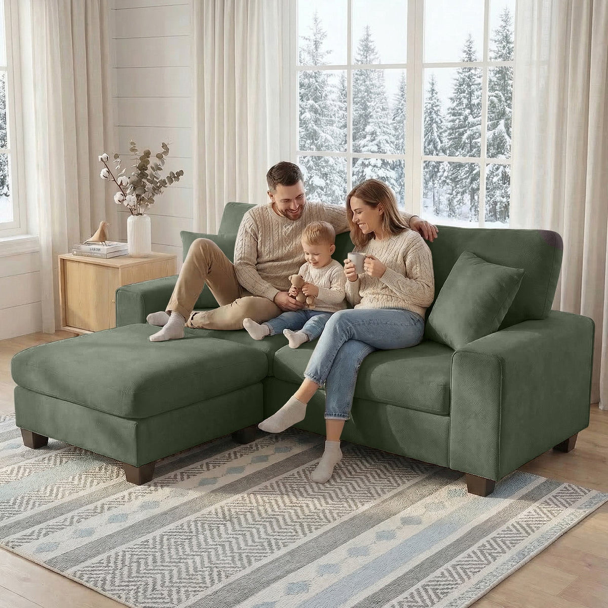 Poshby 88.58''W Sectional Sofa 3 Seater Couch with Chenille, Modern Square Arm for Living Room, Light Green