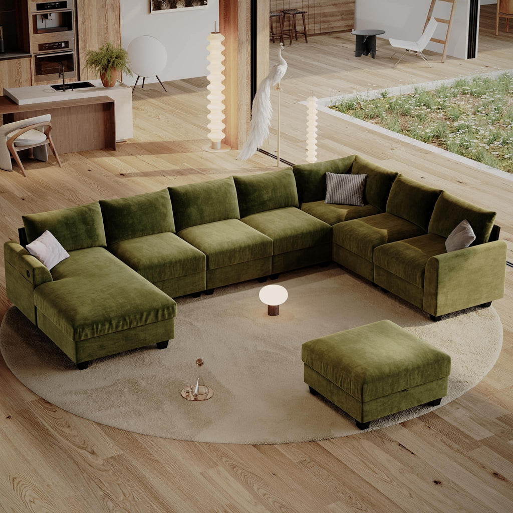ZX Design 147.2" Sectional Cloud Couch L-Shaped Modular Chenille Sofa, 7-Seater Deep Seat Chaise with Storage Ottoman & USB Ports for Living Room