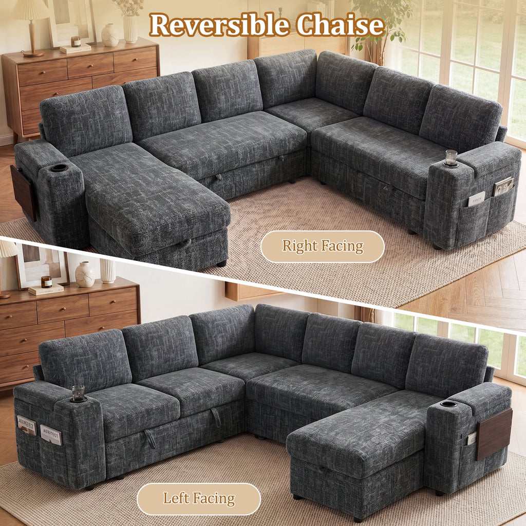 110" Modular Sectional Sleeper Sofa with Pull Out Bed, 7 Seat Plush L Shaped Couch with Storage Chaise|USB Ports|Cup Holders|Side Table|Storage Armrests, Tool Free Assembly, Chenille Fabric Dark Gray