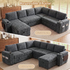 110" Modular Sectional Sleeper Sofa with Pull Out Bed, 7 Seat Plush L Shaped Couch with Storage Chaise|USB Ports|Cup Holders|Side Table|Storage Armrests, Tool Free Assembly, Chenille Fabric Dark Gray