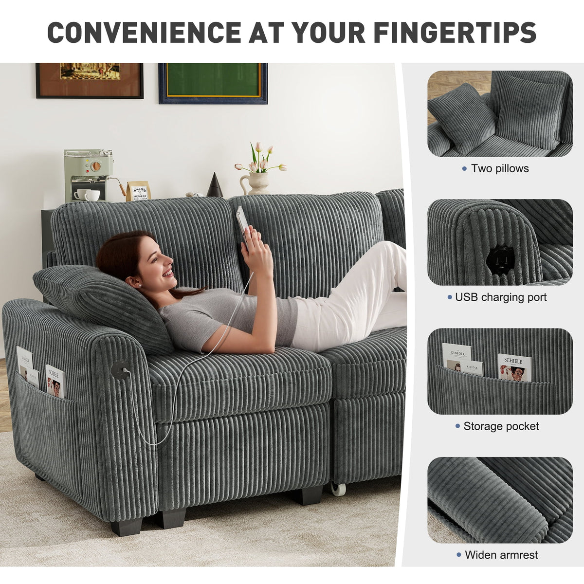  81" Sectional Sleeper Sofa With Pull Out Bed, Storage Ottoman & USB Charging, L Shape Modern Couch for Living Room, Corduroy Gray