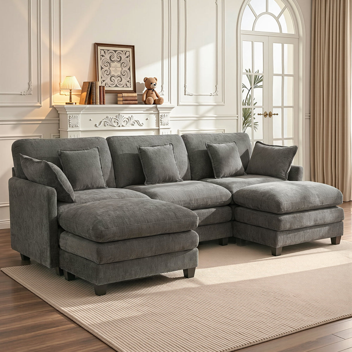 MCombo 111.8'' U-Shaped Modular Sectional Sofa Couch with Chaise Ottomans for Living Room, FSC Certified, Dark Grey
